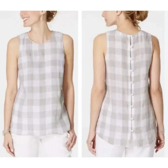 J. Jill Love Linen Tank Top Gray White Buffalo Plaid Button Back Size Small - Picture 8 of 8